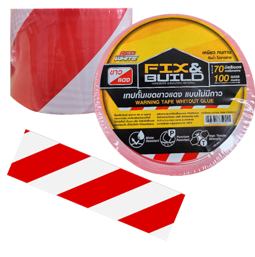 -เทปกั้นเขต 100M ขาว/แดง แบบไม่มีกาว FIX&BUILD+