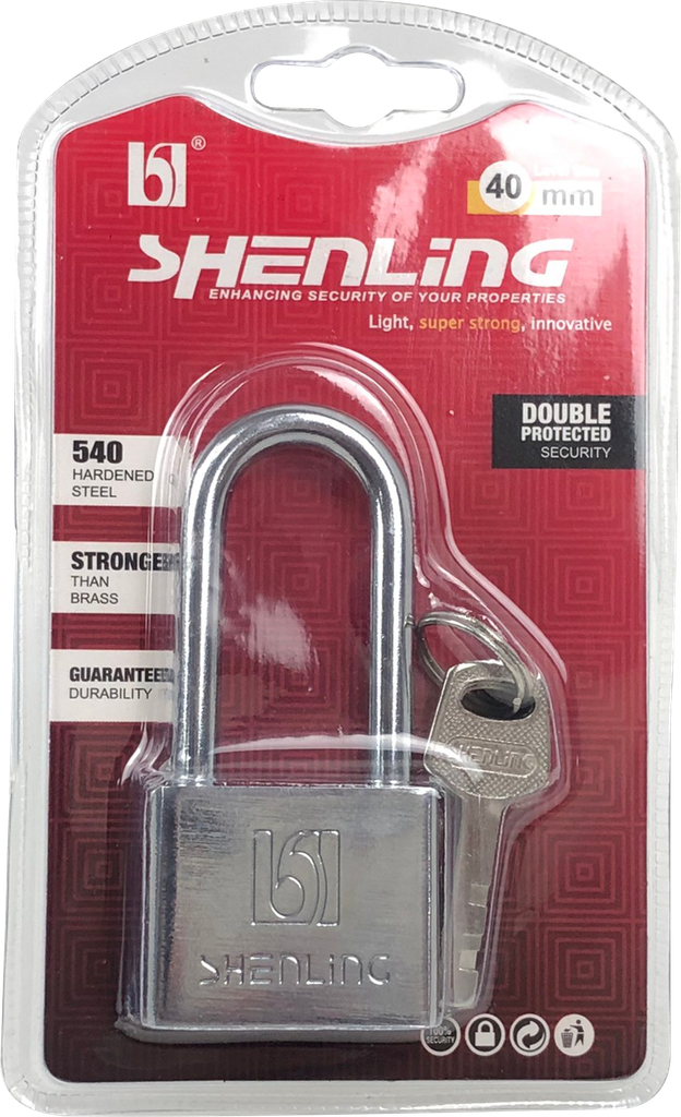 -แม่กุญแจเหลี่ยมคอยาวหนาเงิน 40mm SHENLING=