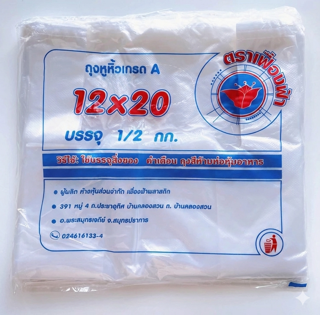 ถุงหูหิ้วเกรด A 12x20" 500G ตราเฟื่องฟ้า
