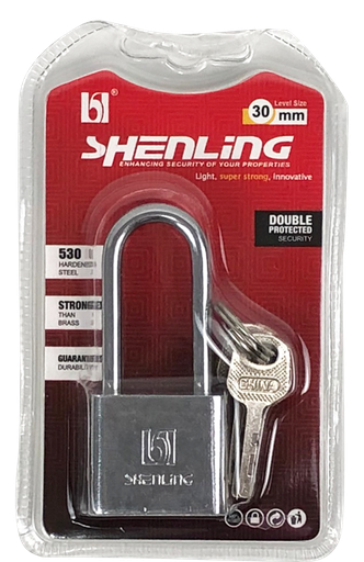 [1006831] -แม่กุญแจเหลี่ยมคอยาวหนาเงิน 30mm SHENLING=