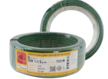 [1008953] สายไฟเขียวแถบเหลือง THW 1x1.5 100m. TUW